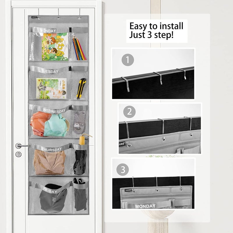 ANZORG Weekly Kids Clothes Organizer Day of Week School Clothing Storage Monday to Friday Hanging Closet Organizer (Grey) - Image 4